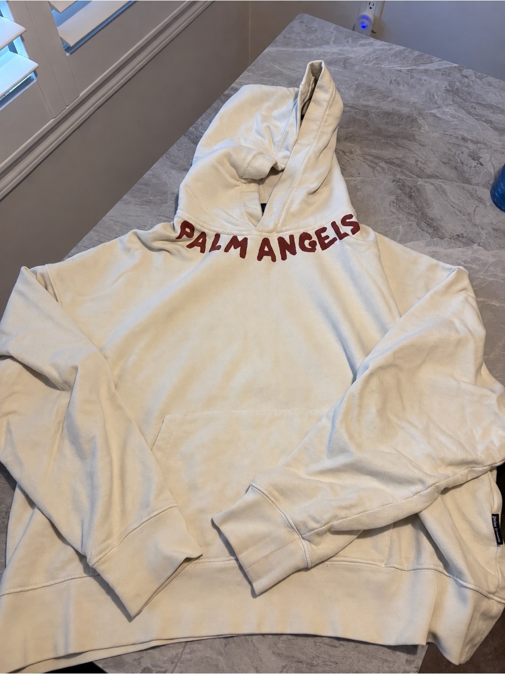 Palm Angels Cream Crewneck Hoodie with Red Neck Logo